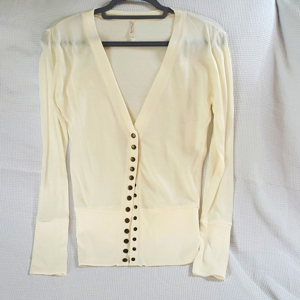 Womens Col Story cream white button down long-sleeved long sweater top sz medium